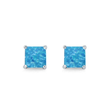 Halo Stud Earrings Princess Cut Lab Created Blue Opal 925 Sterling Silver 7mm